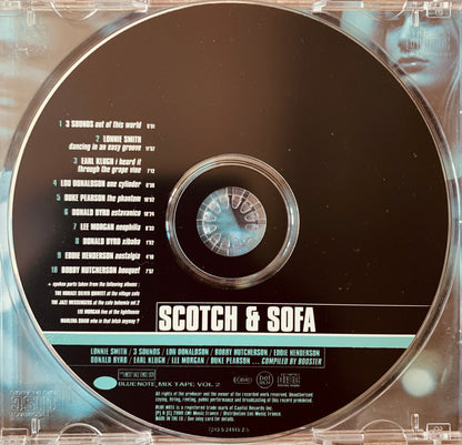 Black cd with silver text and teal accent stripe titled scotch and sofa by blue note records in product cd 001