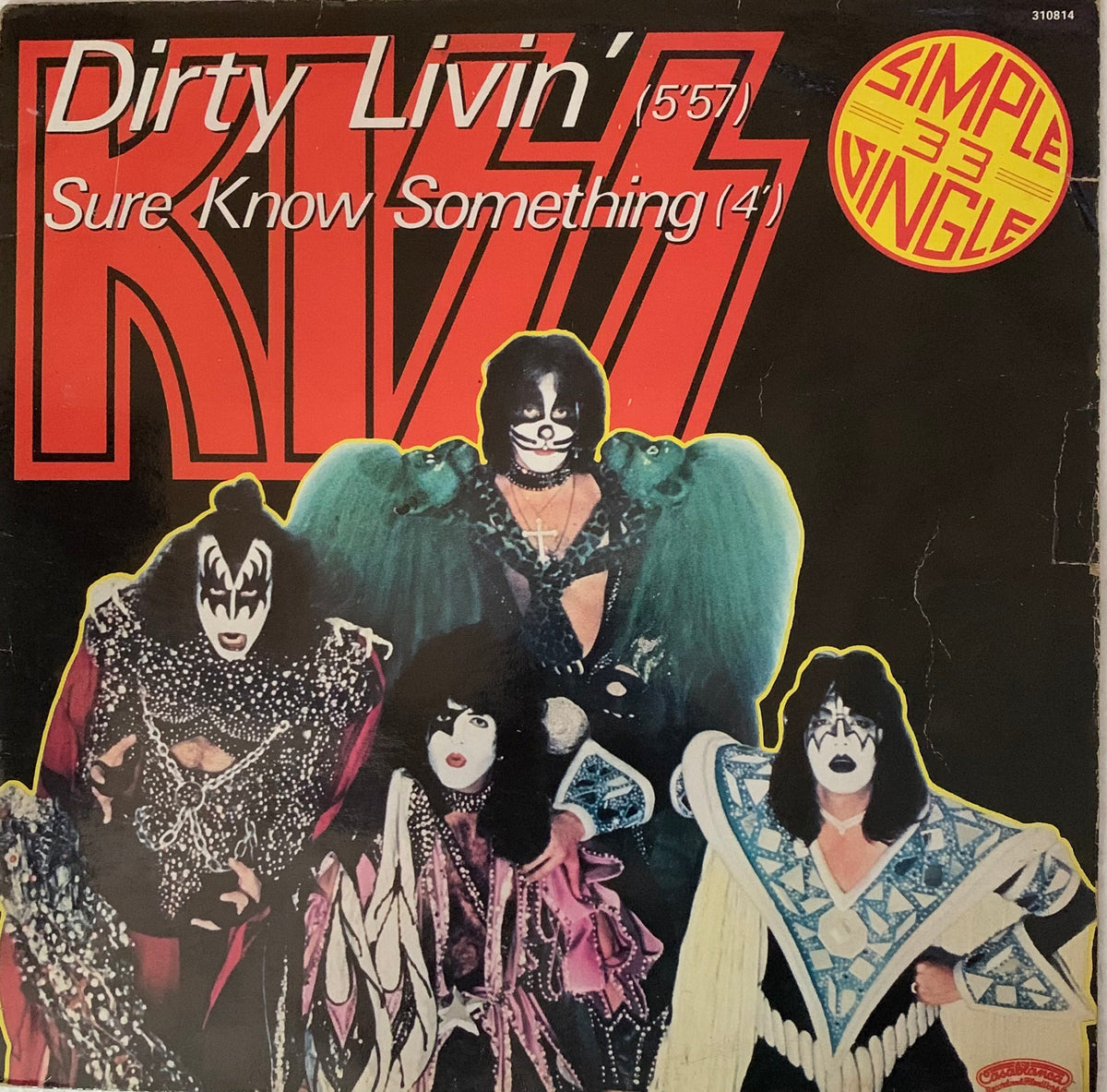 Black vinyl record sleeve for kiss 1976 single dirty livin featuring band members in makeup with red logo backdrop