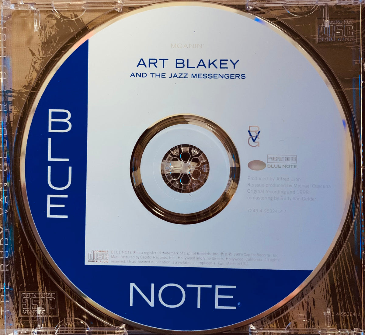 Blue note records cd featuring art blakey and the jazz messengers with minimalist white and blue design titled cd 001