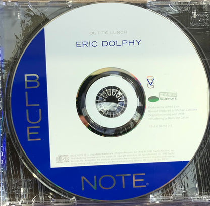 Cd 001 featuring eric dolphys blue note jazz album out to lunch with minimalist white and blue label and silver lettering