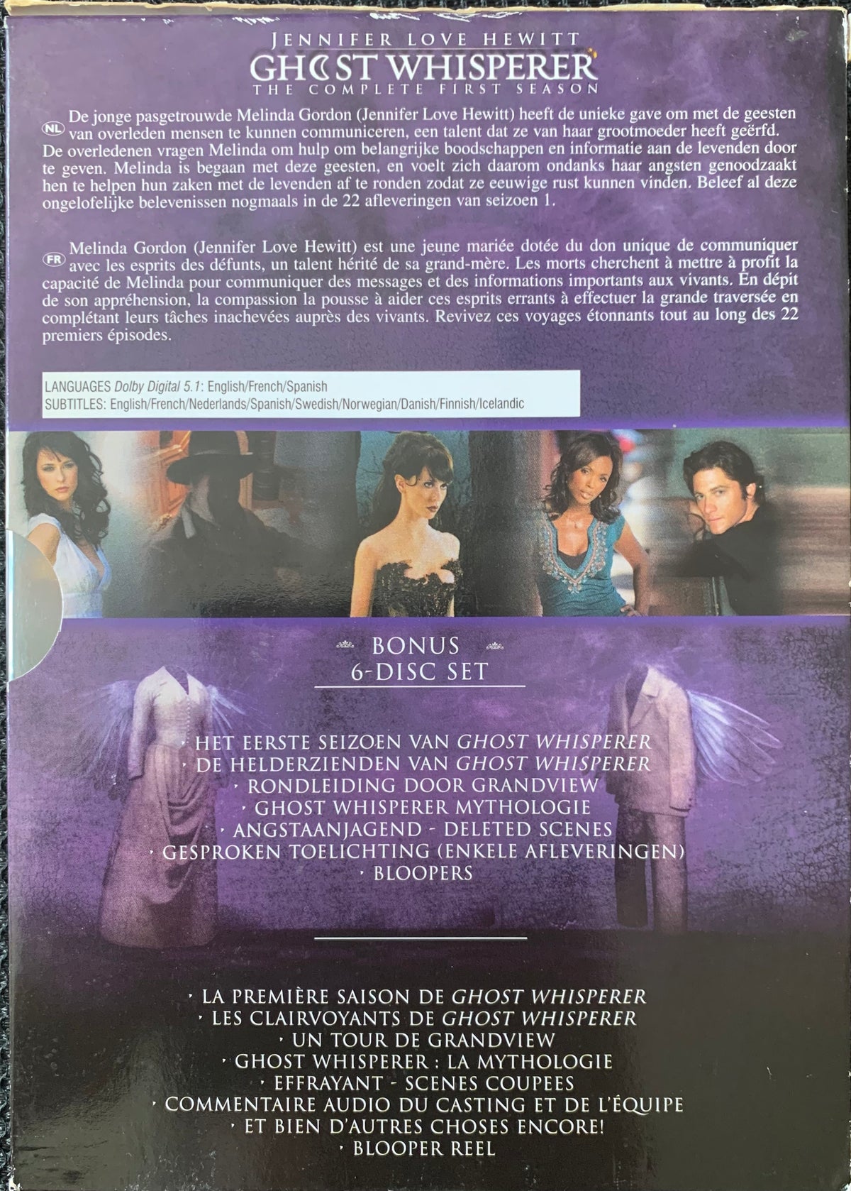 The back cover of ghost whisperer the complete first season dvd box set with multilingual bonus content details