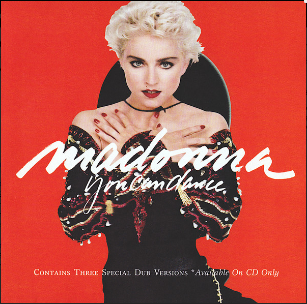 Madonna wearing a black embellished off-the-shoulder dress with red and gold detailing on the you can dance cd album cover