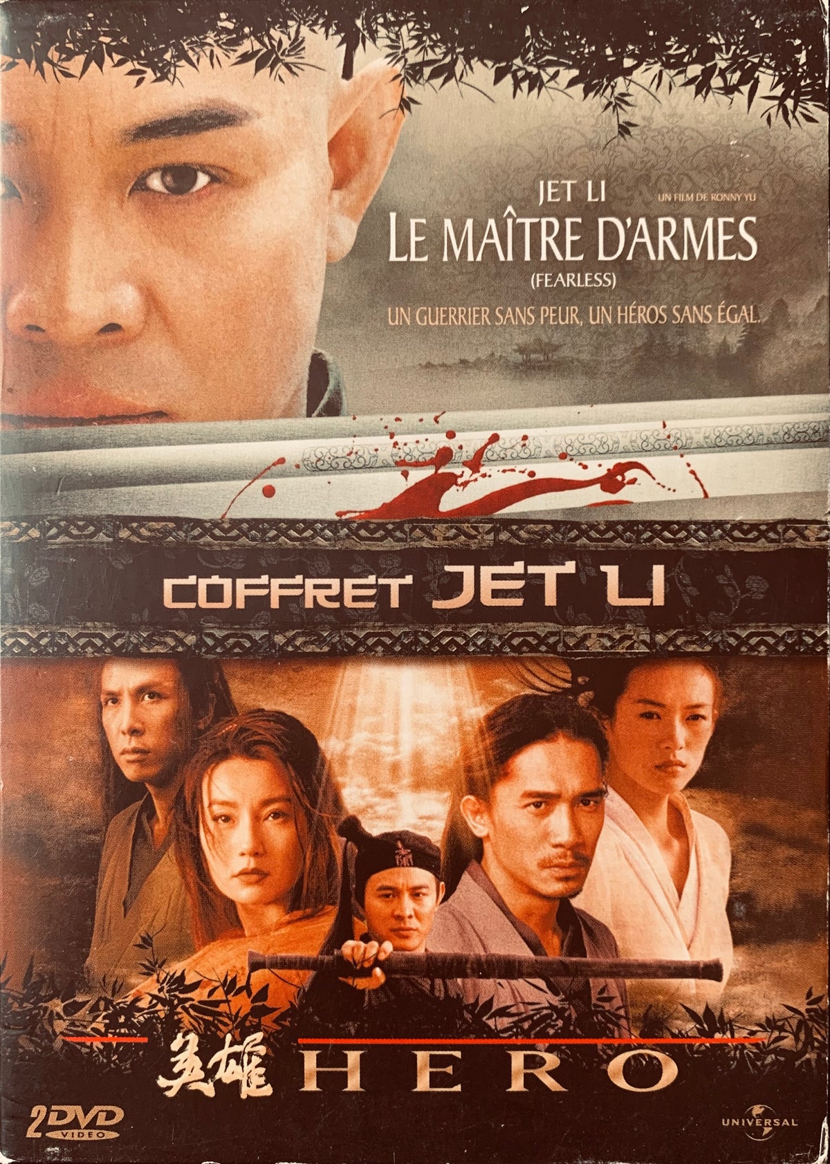 Jet li hero dvd box set featuring a dramatic cover with the actor’s face and film characters in dvd 3 coffrets product