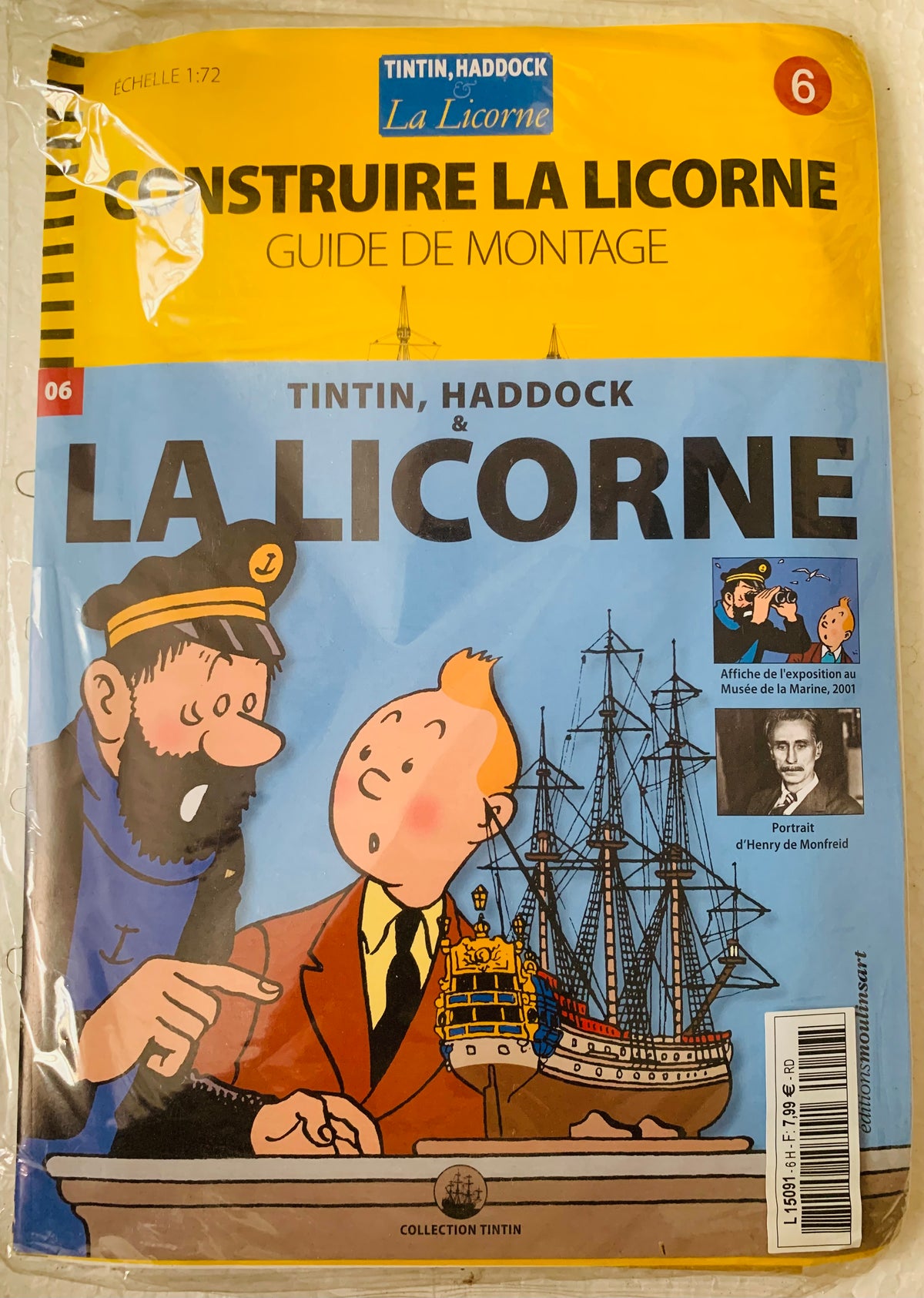 Yellow and blue illustrated booklet featuring tintin and captain haddock with detailed model ship construire la licorne