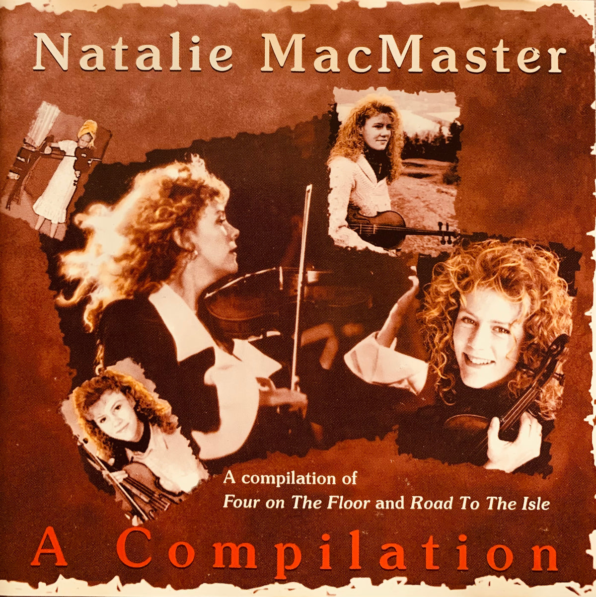 Natalie macmaster cd 001 album cover featuring sepia-toned collage of her playing violin and holding bodhrán on brown background