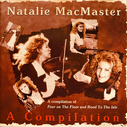 Natalie macmaster cd 001 album cover featuring sepia-toned collage of her playing violin and holding bodhrán on brown background