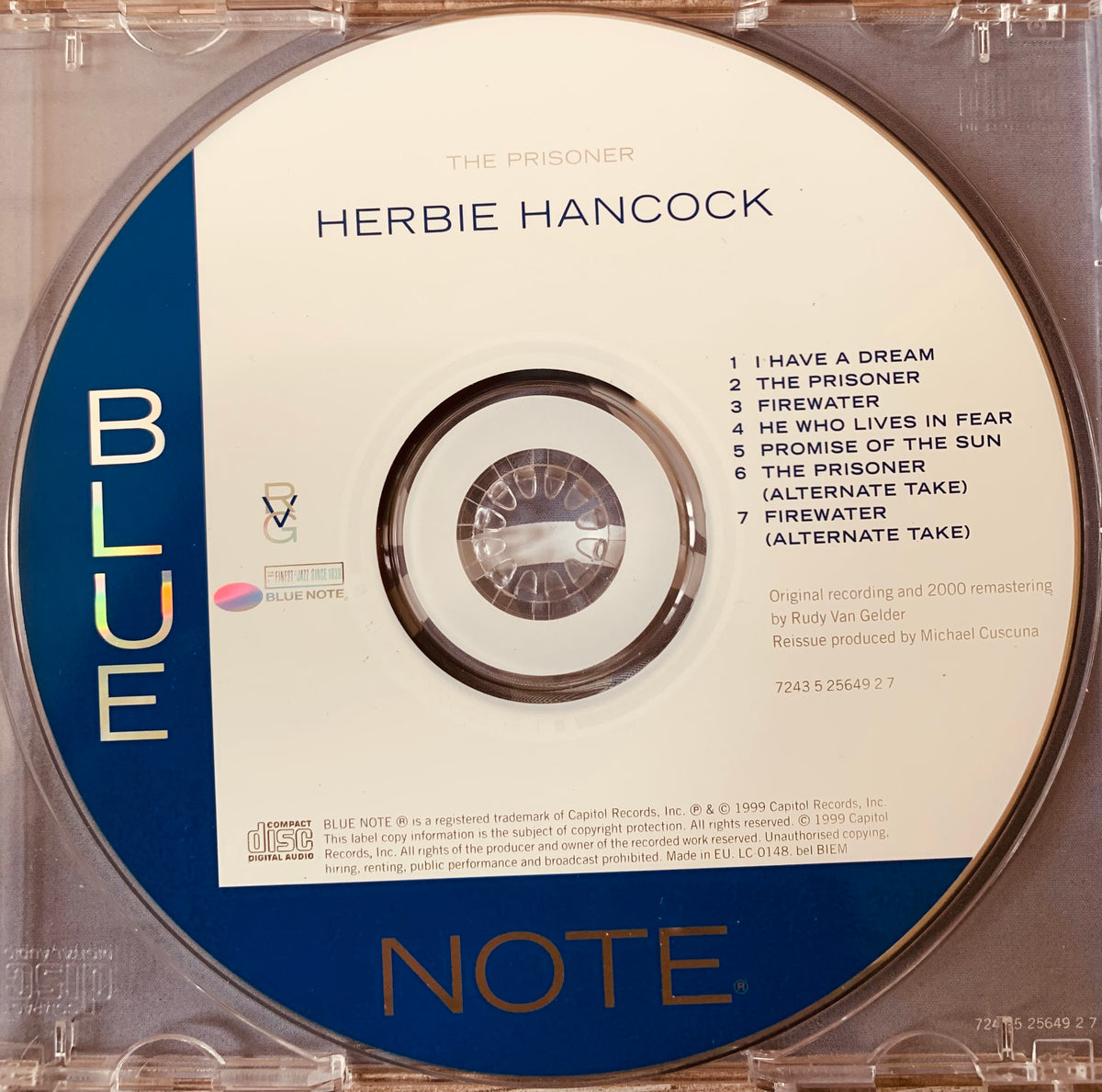 Blue note records cd of herbie hancock album the prisoner with white label and blue stripe in clear plastic case cd 001