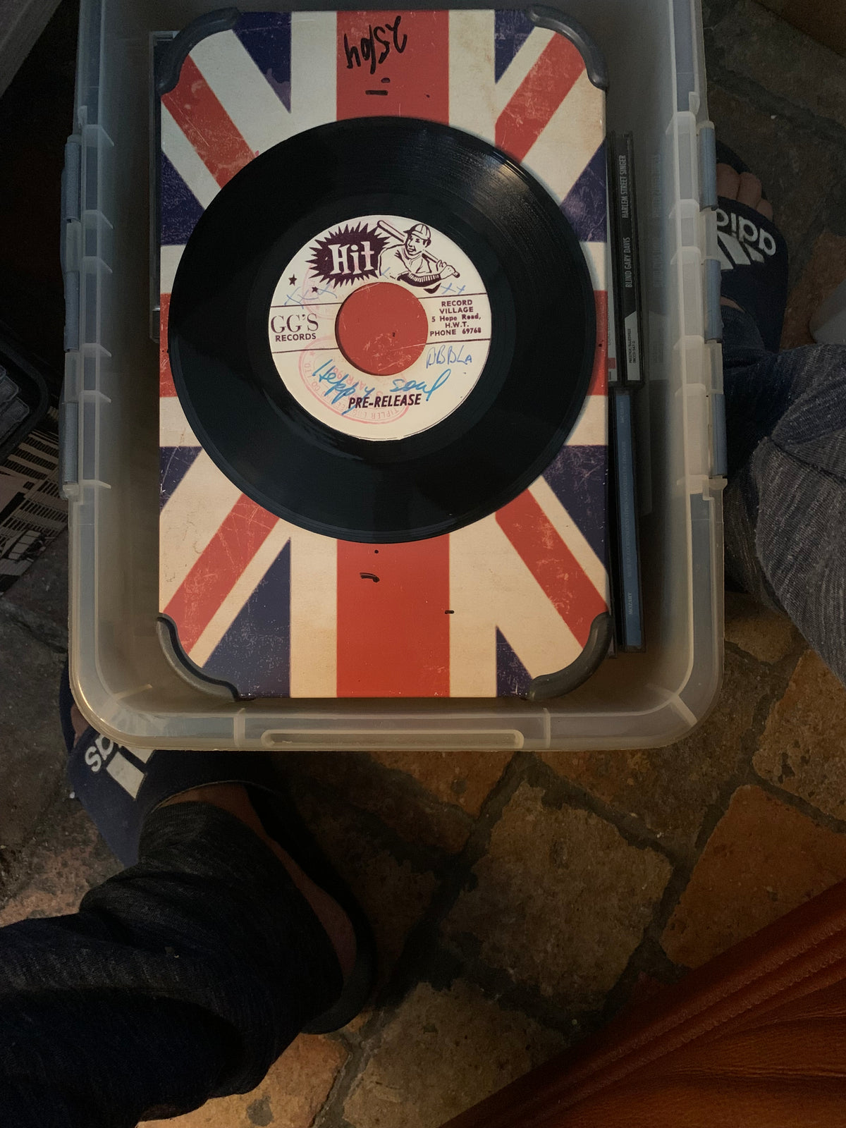 Black vinyl record soul 7 with white label featuring red black text cartoon character and handwritten signatures