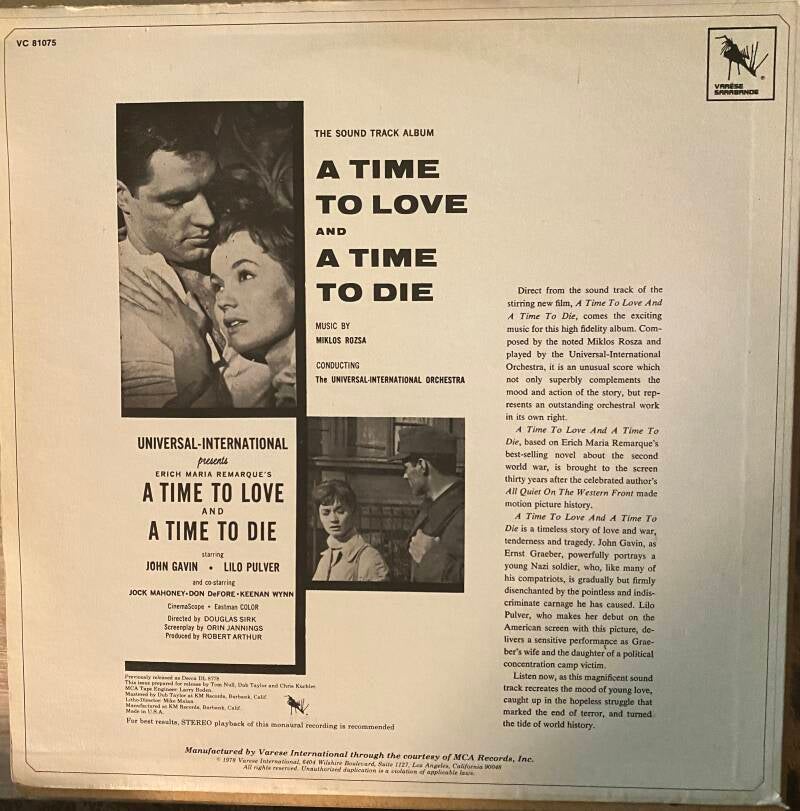 Miklos Rozsa A Time To Love And A Time To Die (Original Motion Picture Soundtrack) — Vg / Vg