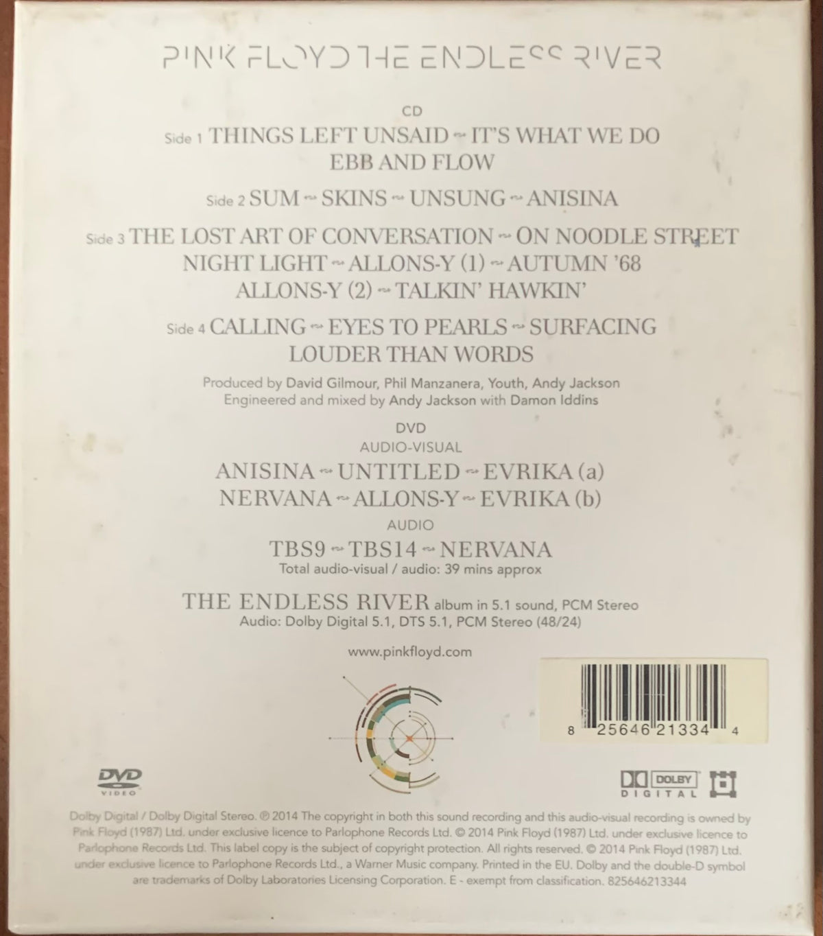The back cover of pink floyd the endless river cd and dvd set showing black text on a light beige background with specs and barcode