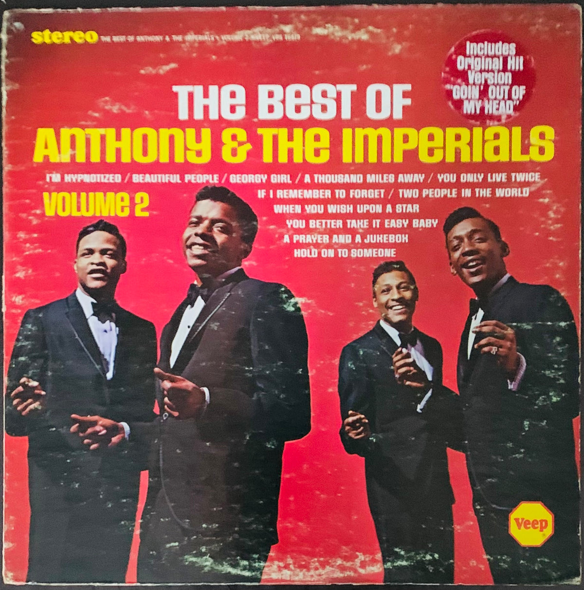 Vibrant red vinyl album cover for the best of Anthony & the Imperials volume 2 featuring four members in black tuxedos