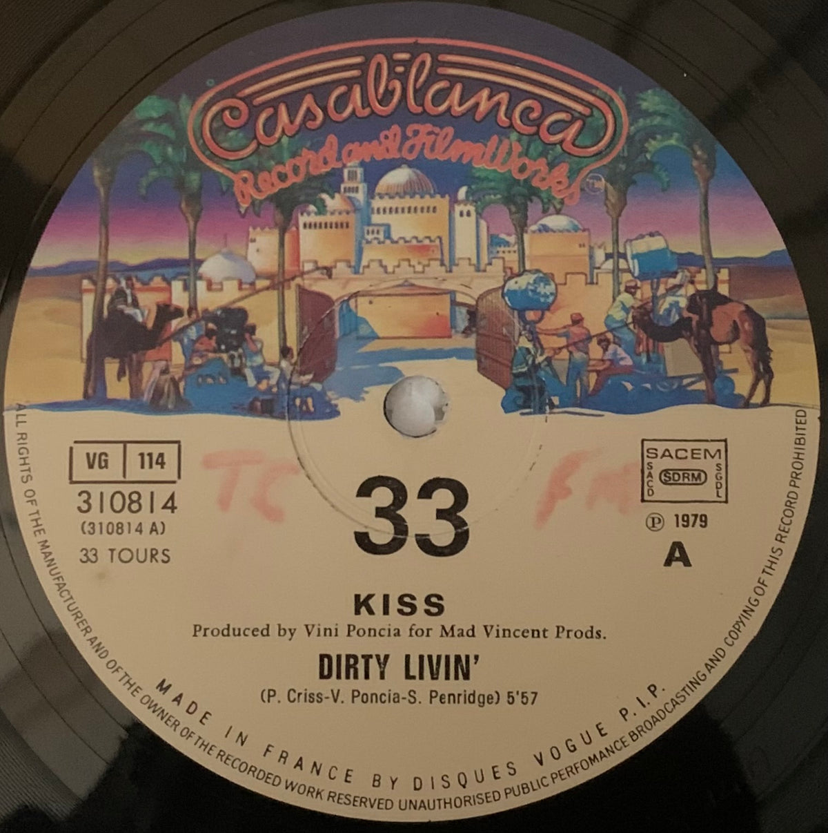 Casablanca records 1979 vinyl record of kiss album dirty livin with colorful illustrated arabian market label