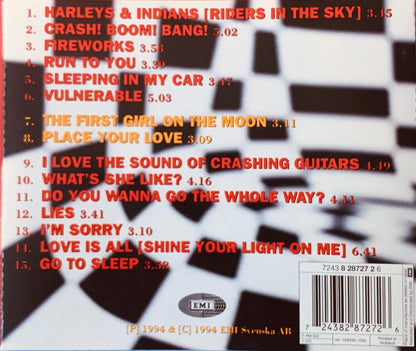 The back cover of a 1994 emi vinyl record album crash boom bang featuring riders in the sky tracklist on checkered paper