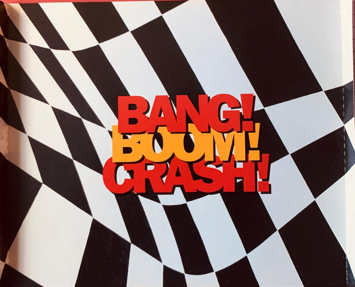 Crash boom bang product featuring red and orange bang boom crash text on a black and white checkered background