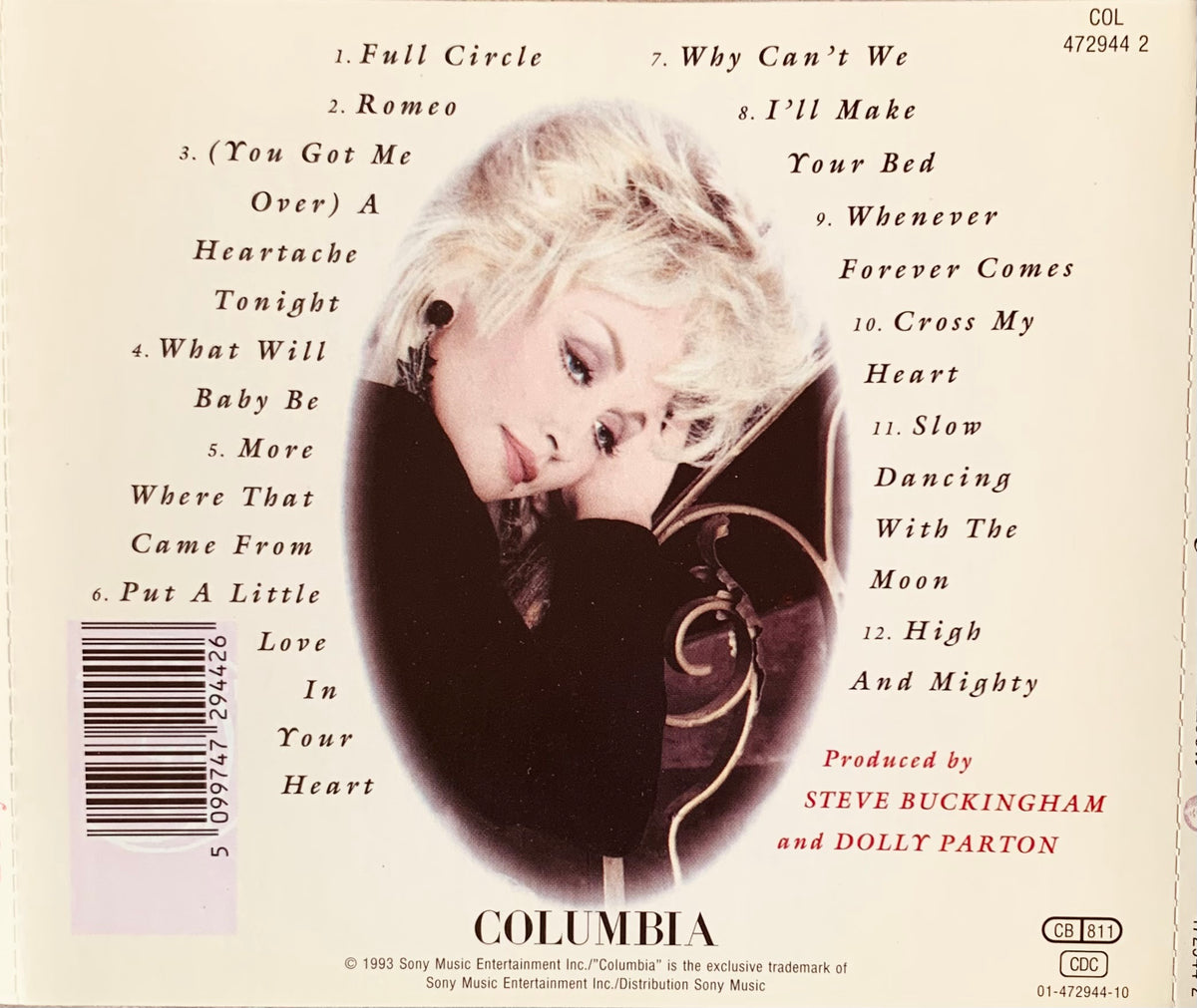 The back cover of the 1993 columbia cd album heartache tonight by dolly parton shows a sepia-toned portrait and tracklist