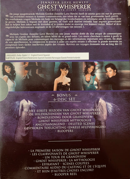 The back cover of ghost whisperer the complete first season dvd box set showing character portraits and bonus content listings
