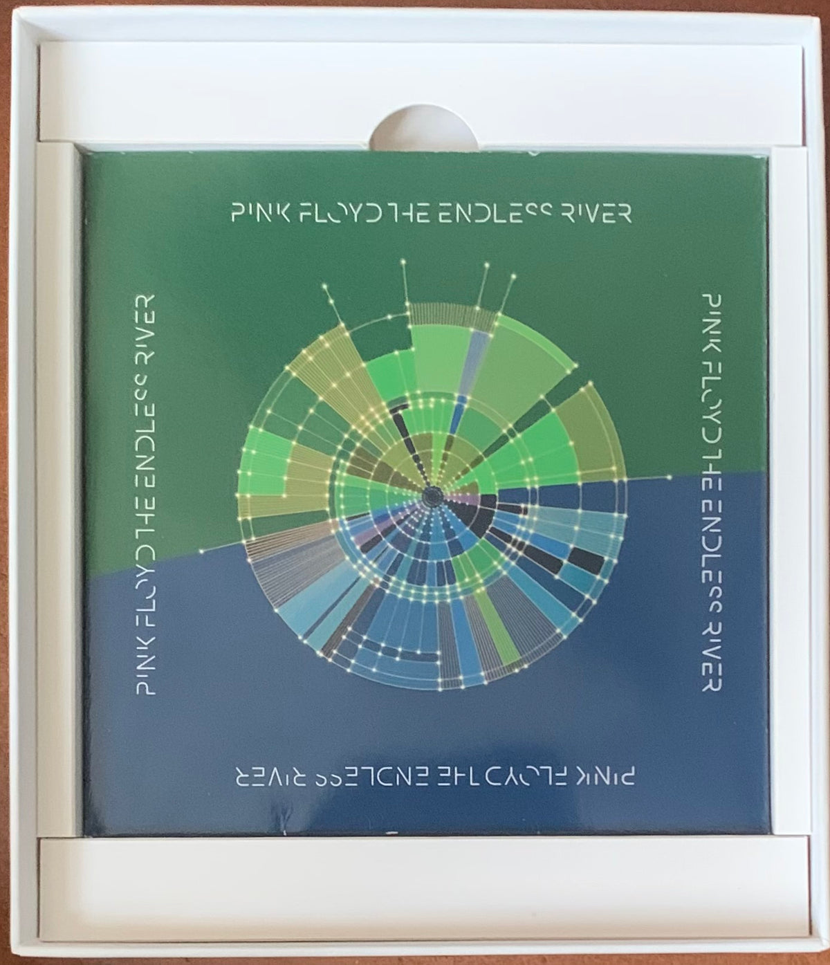 Pink Floyd Endless River album cover featuring a circular graphic design with green and blue concentric rings
