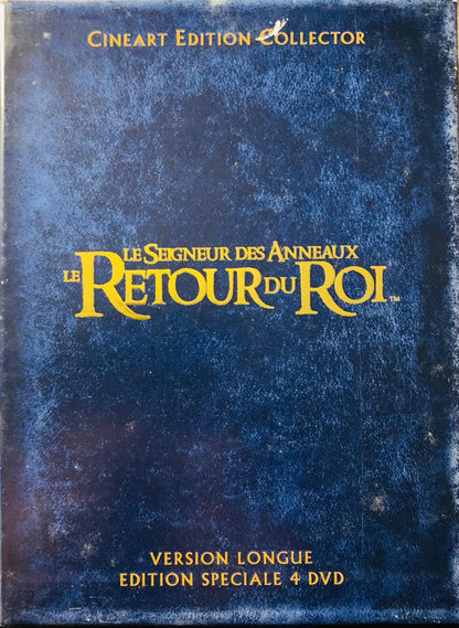 Dark blue textured dvd box for the lord of the rings the return of the king cineart edition with gold lettering 4-dvd set