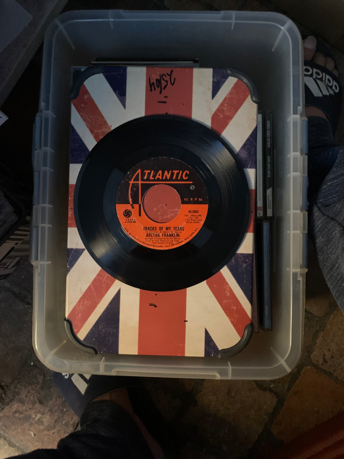Black vinyl record with orange Atlantic Records label featuring tracks of my tears by Aretha Franklin in soul 7 product