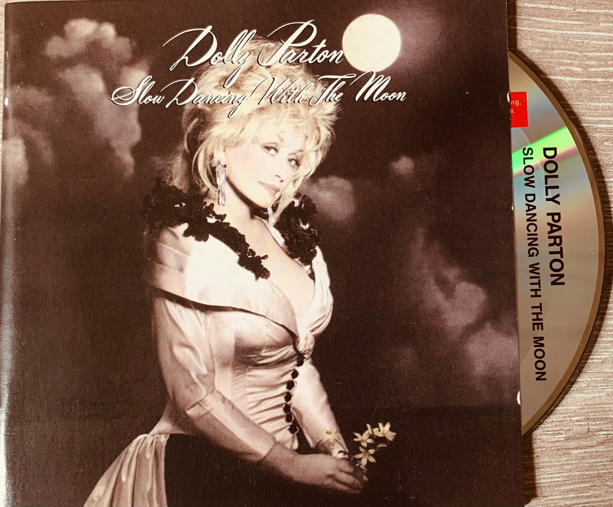 Dolly Parton slow dancing with the moon CD album cover sepia portrait in off-white satin gown with black lace trim CD 001