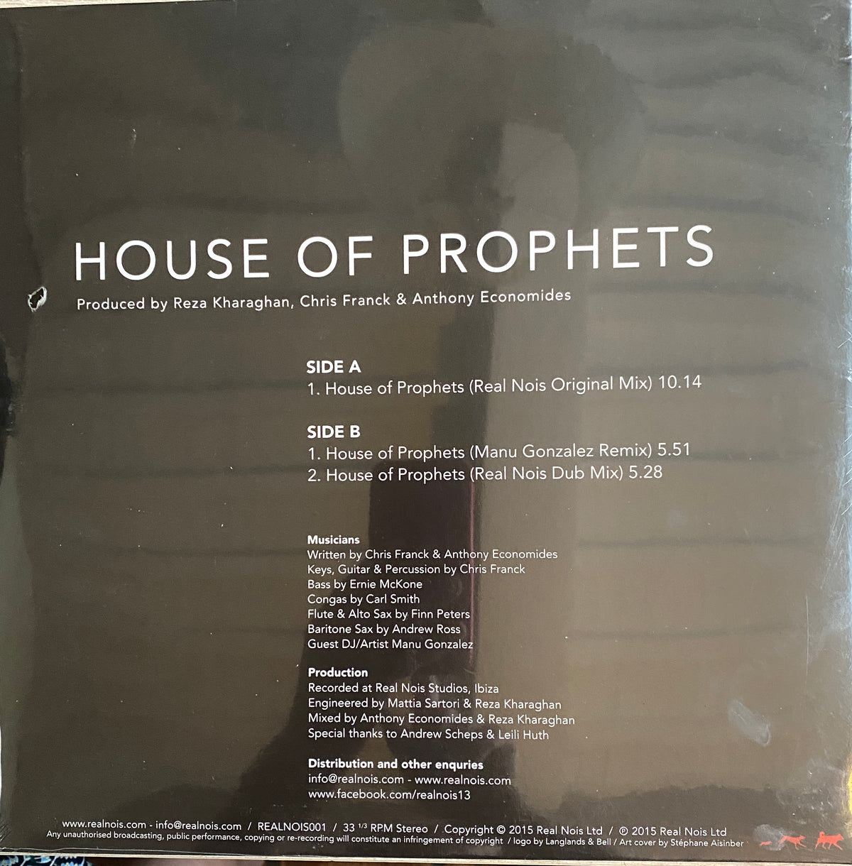 The back cover of the house of prophets vinyl record by real nois ltd features white text on a dark textured background