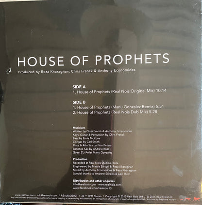 The back cover of the house of prophets vinyl record by real nois ltd features white text on a dark textured background