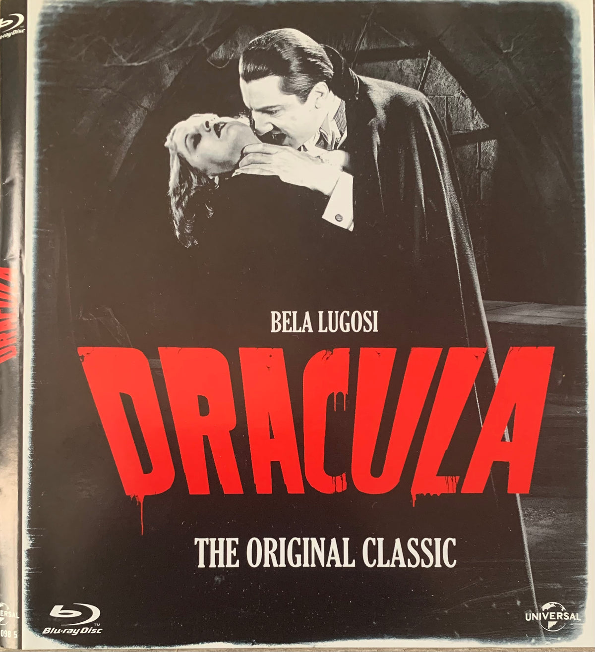 Black and white movie poster bleu-ray featuring bela lugosi as count dracula in a dramatic pose over a woman