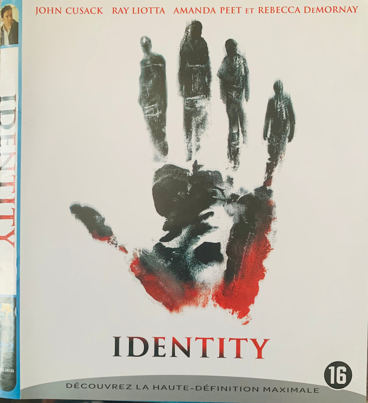 Blu-ray movie poster for identity featuring a black and red handprint with silhouettes of people on the palm