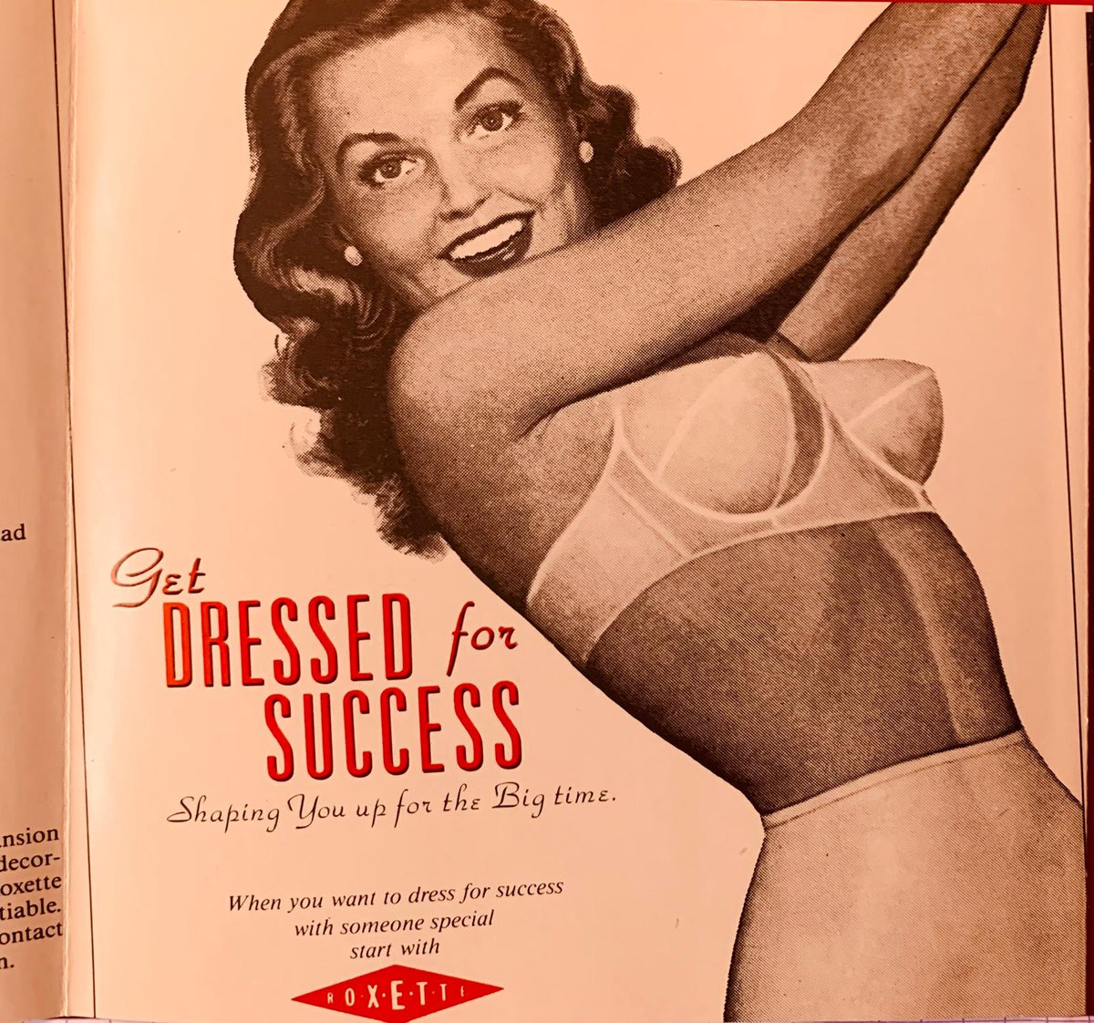 A vintage-style ad of a woman wearing a white sheer lace underwire bra with adjustable straps titled Look Sharp