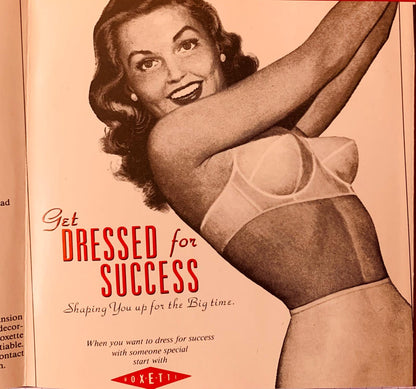 A vintage-style ad of a woman wearing a white sheer lace underwire bra with adjustable straps titled Look Sharp