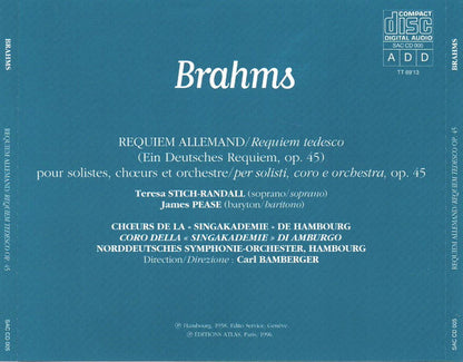 Johannes Brahms − Teresa Stich-Randall, James Pease, Chorus Of The Singakademie, Hamburg, Das Norddeutsche Symphonieorchester Direction: Carl Bamberger – Requiem Allemand