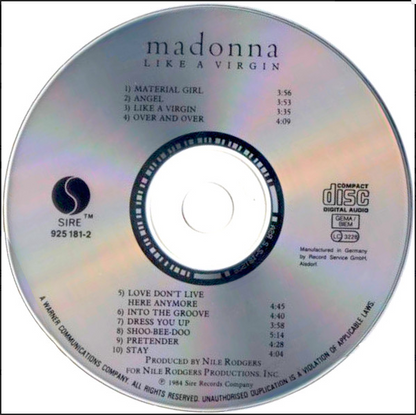 Silver reflective compact disc of madonna like a virgin cd album showing printed track listings and logos on the back side