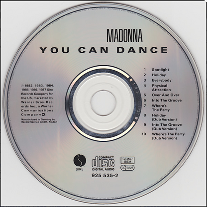 Silver compact disc with black text showing madonna you can dance cd album remixes and dub versions track listing