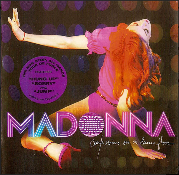 Madonna confessions on a dance floor cd album continuous mix featuring madonna in pink outfit with orange hair and disco backdrop