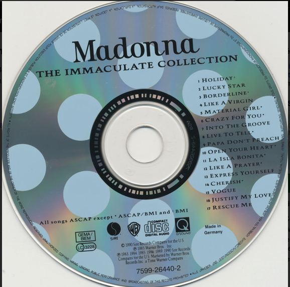 The silver cd of Madonna the immaculate collection features a light blue and green gradient with white polka dots