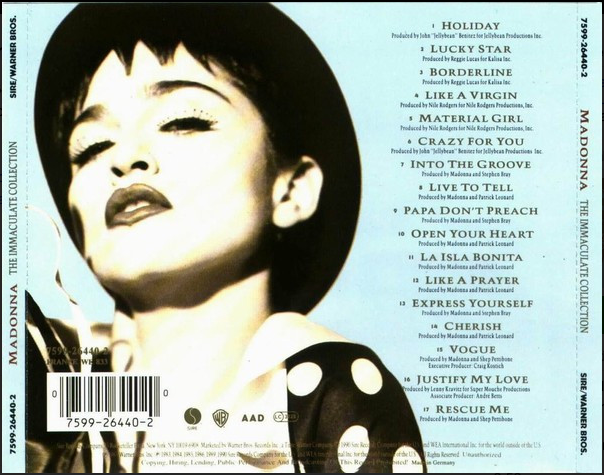 Cd madonna the immaculate collection features a black and white portrait of madonna in bold makeup and a polka dot dress