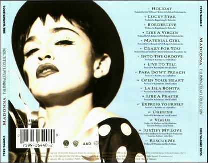 Cd madonna the immaculate collection features a black and white portrait of madonna in bold makeup and a polka dot dress