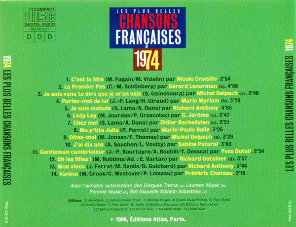 Various – Les Plus Belles Chansons Françaises (1974)