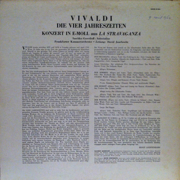 Antonio Vivaldi - Saschko Gawriloff, Frankfurt Chamber Orchestra, David Josefowitz – Die Vier Jahreszeiten / Konzert In E- Moll Aus La Stravaganza