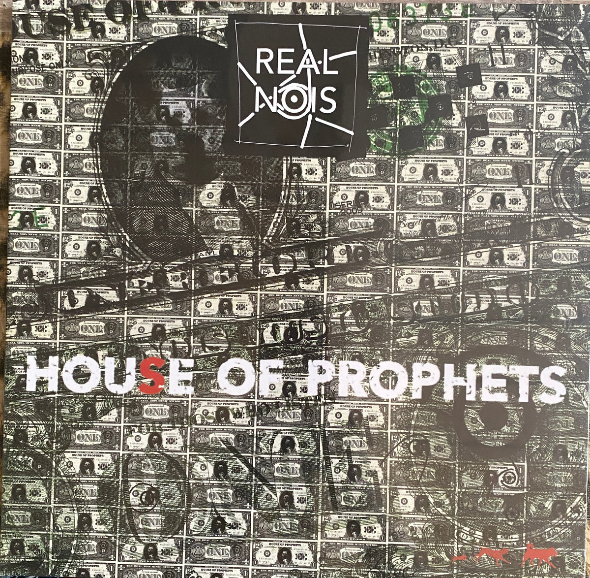 Black and white vinyl maxi 12 single cover with one dollar bills collage and bold red white text house of prophets