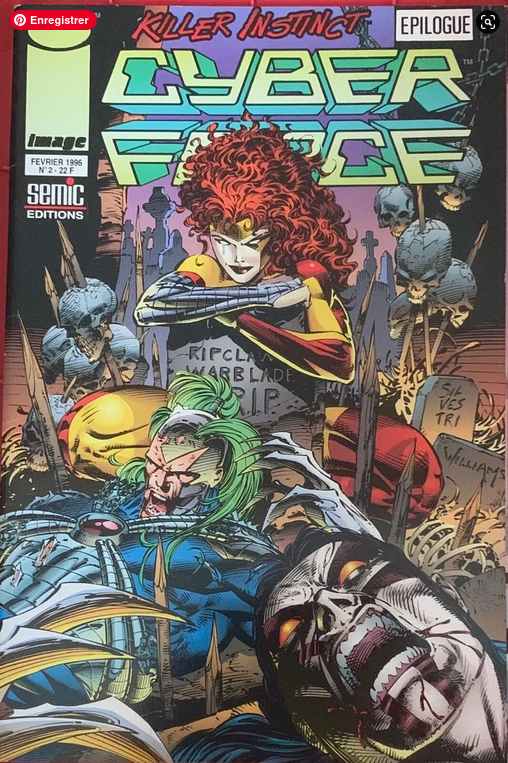 Cyberforce comic book cover featuring red-haired female superhero in yellow black costume with metallic arms in graveyard