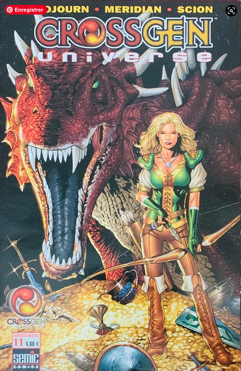 Fantasy comic book cover featuring a blonde warrior in green and brown armor before a red dragon on crossgen universe 11