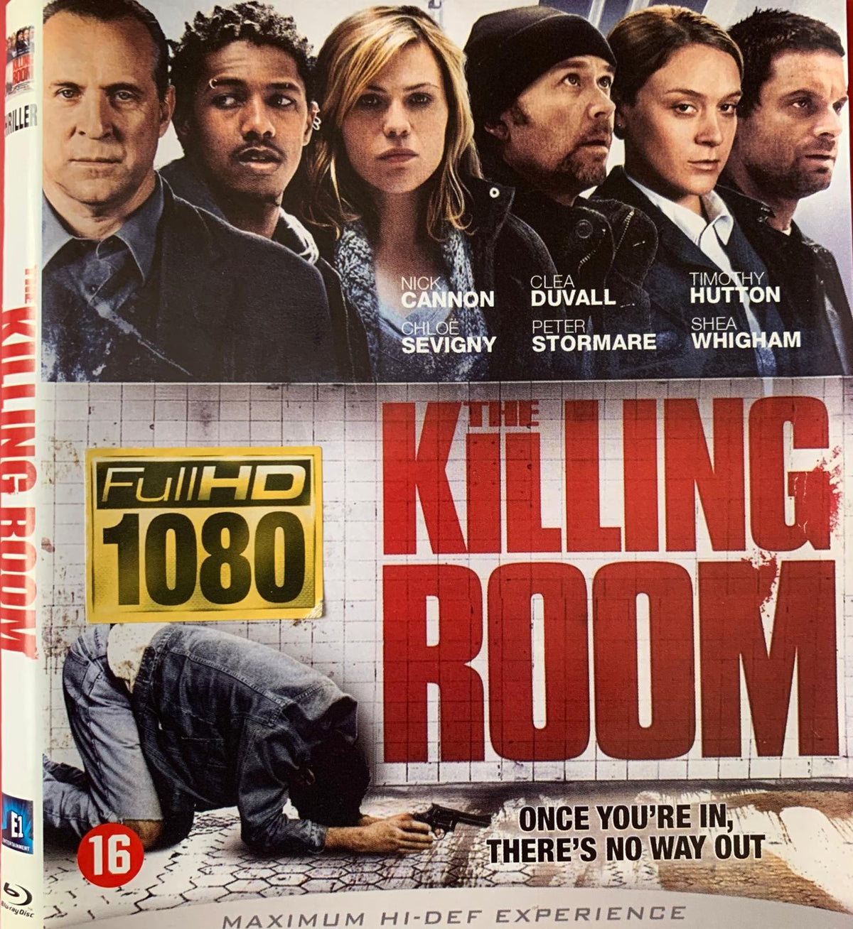 The killing room blu-ray cover features bold red lettering on a gritty tiled background with actors including nick cannon