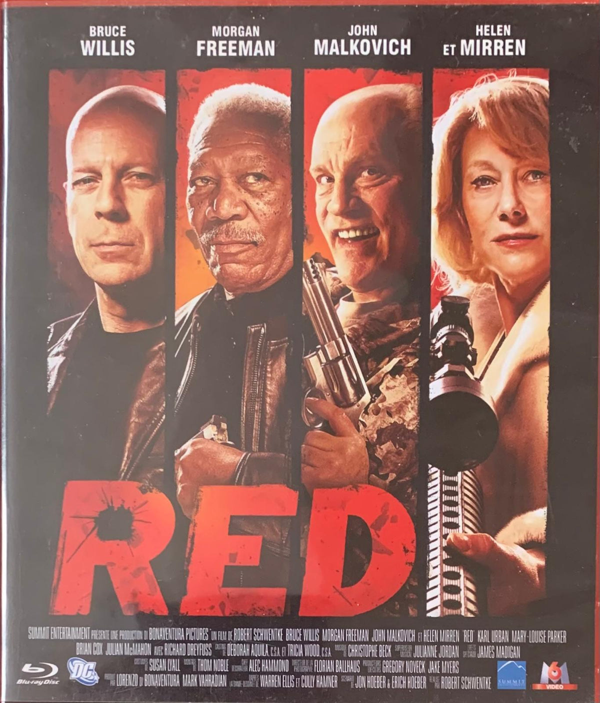 The movie poster for red Blu-ray features bold red title with bullet hole and actors Bruce Willis Morgan Freeman John Malkovich Helen Mirren