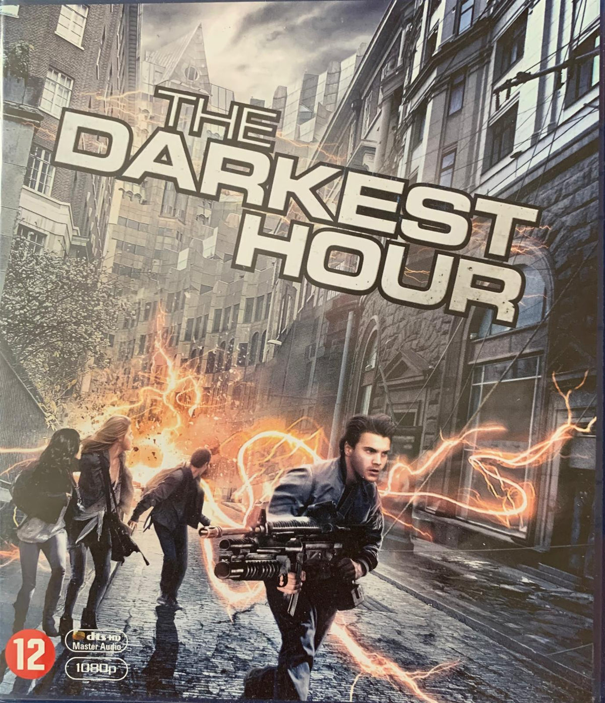 The darkest hour blu-ray cover shows a gritty urban street scene with fiery orange energy and dark gray stone buildings