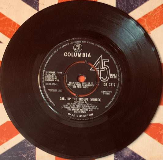 Black columbia 45 rpm vinyl record with white text and red center label from various artists call up the groups medley