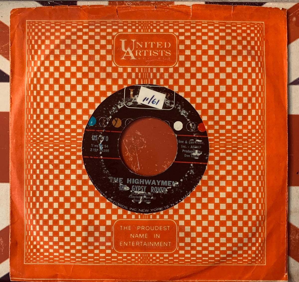 Orange checkered vinyl record sleeve with black center label featuring the highwaymen and the gypsy rovers by United Artists