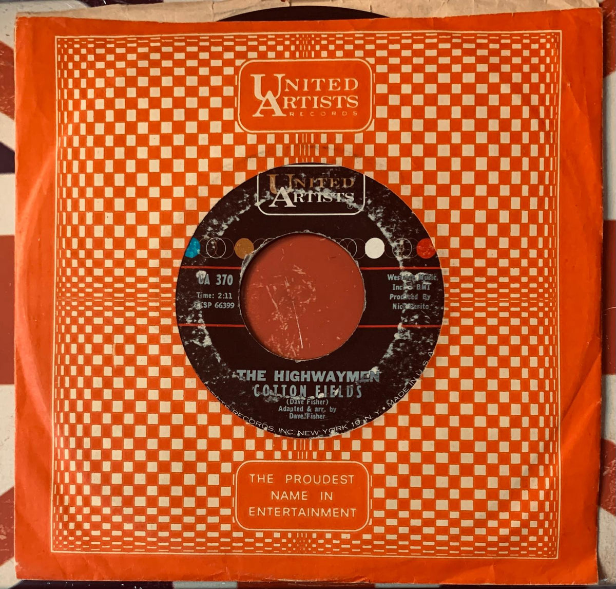 Orange checkered vinyl record sleeve for the highwaymen cotton fields by united artists records on the mcguire sisters 45t vinyl