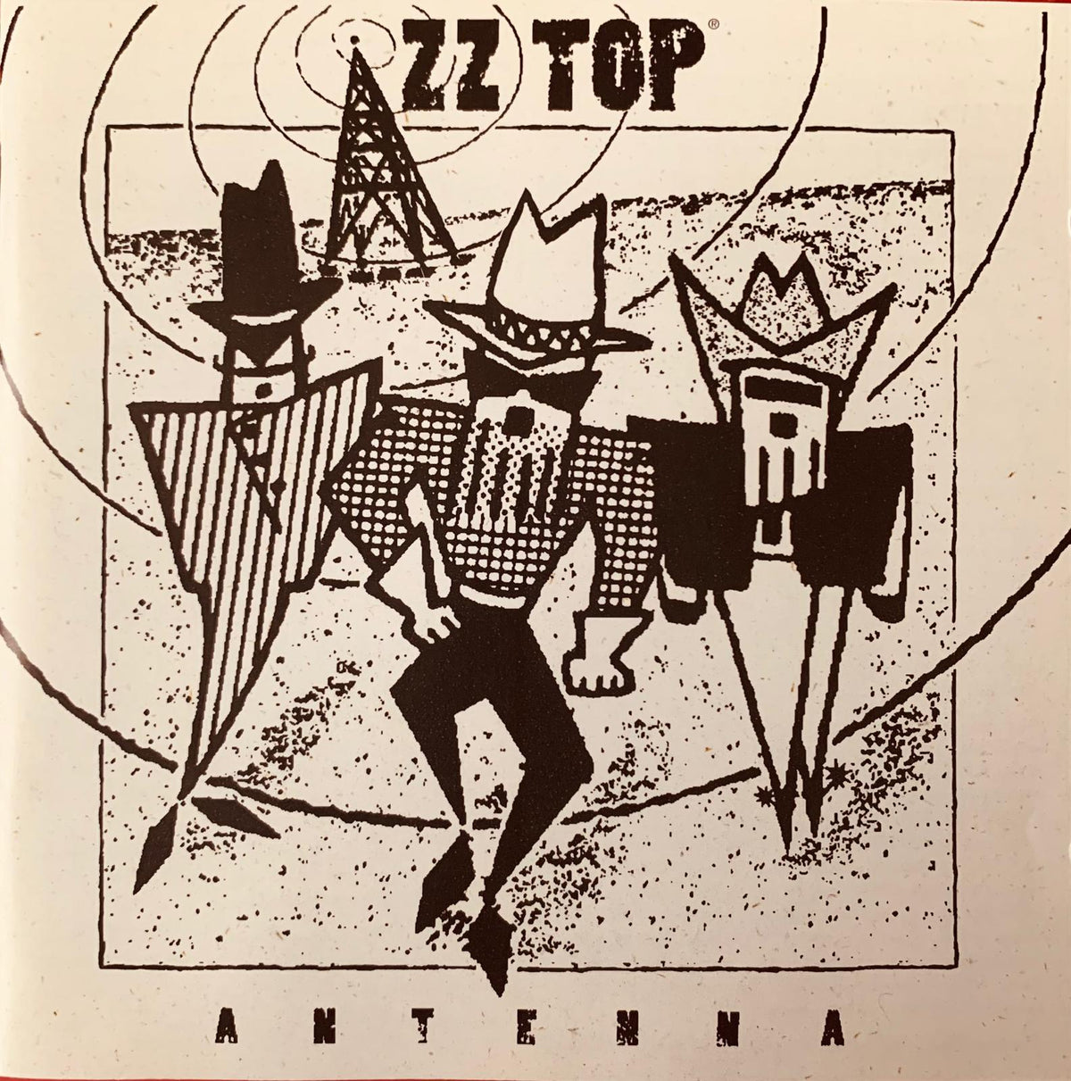 Black and white illustrated album cover for zz top antenna original cd featuring three cowboy hat figures and antenna tower