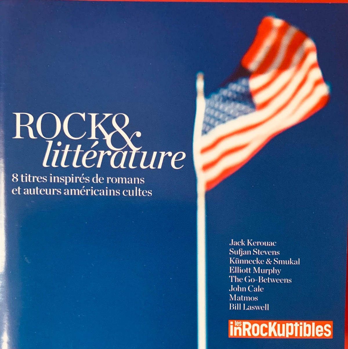 American flag waving on a pole against a deep blue background on the original cd rock and littérature by various artists